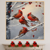 Festive Retro Painting of Four Red Cardinals on Snowy Berry Branches with Winter Background Perfect for Christmas Decor or Seasonal Bird Lover Gift on Ready to Hang 1.5" Thick Canvas Wrap, Floating Framed Canvas, Flat Rolled Canvas